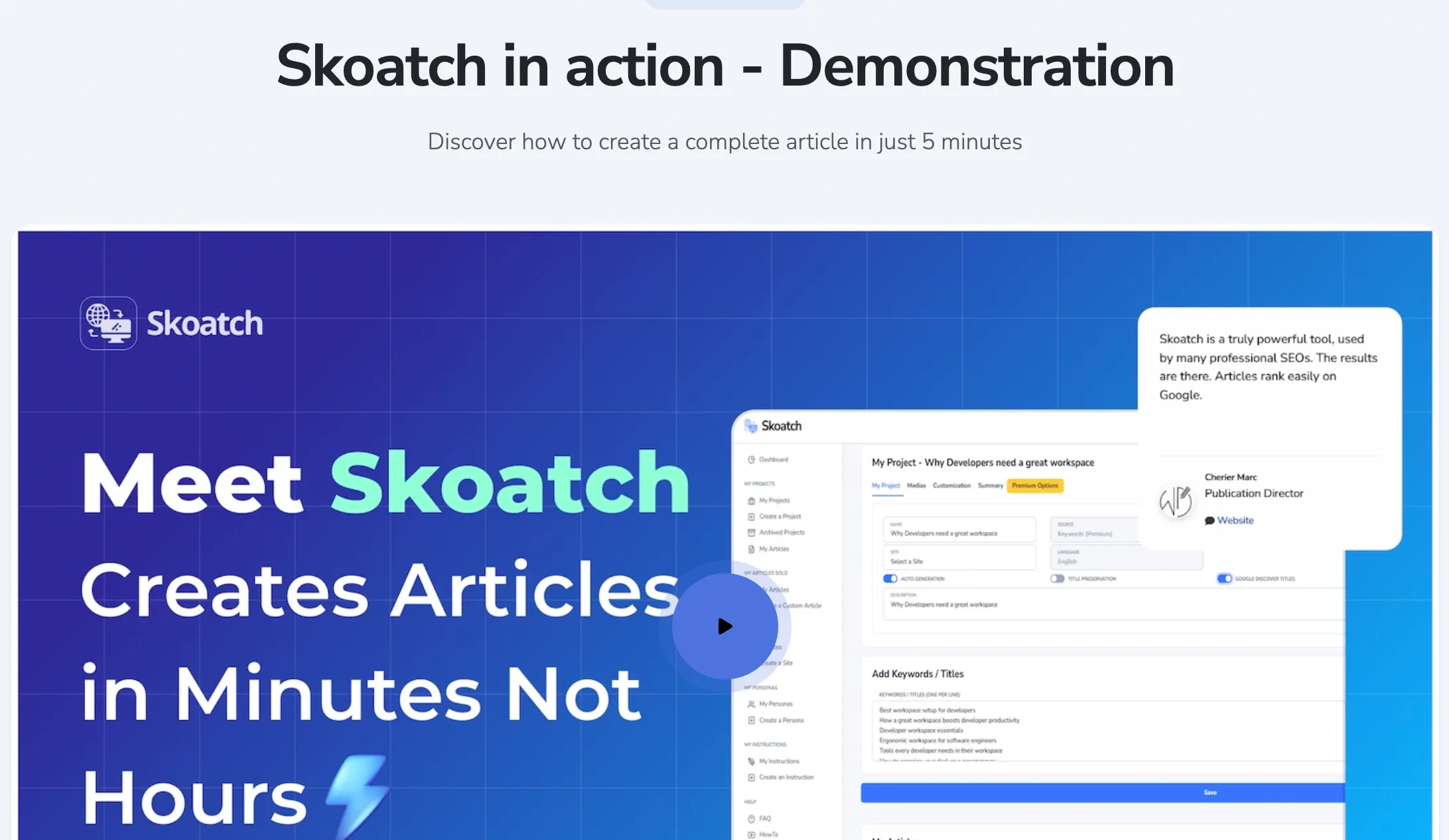Avis Skoatch 2026 : le meilleur outil de rédaction IA pour le SEO ? 1 skoatch dashboard