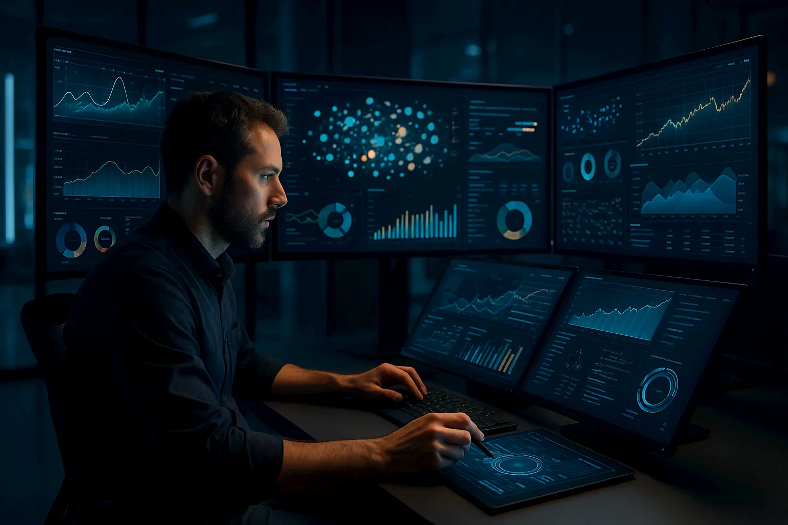 Kling AI : générateur de vidéo IA gratuit 2025 - 166 crédits mensuels 4 Professional working with multiple screens