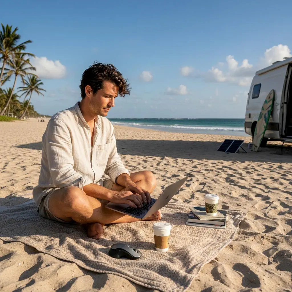 A person working remotely on a laptop by the seaside