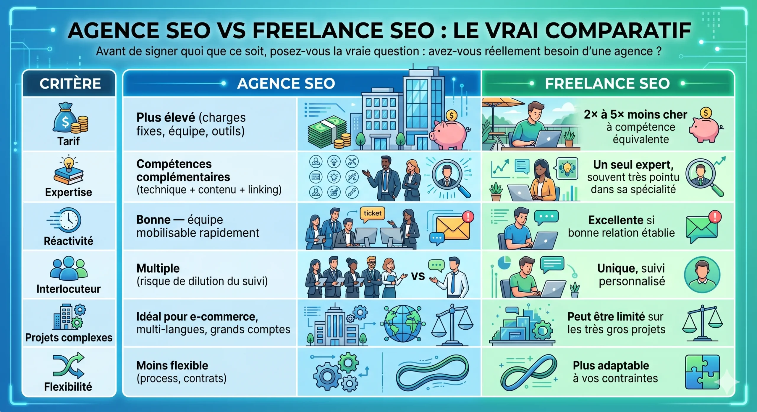 Agence SEO : tout ce que vous devez savoir avant de signer 3 infographie seo agence vs freelance scaled