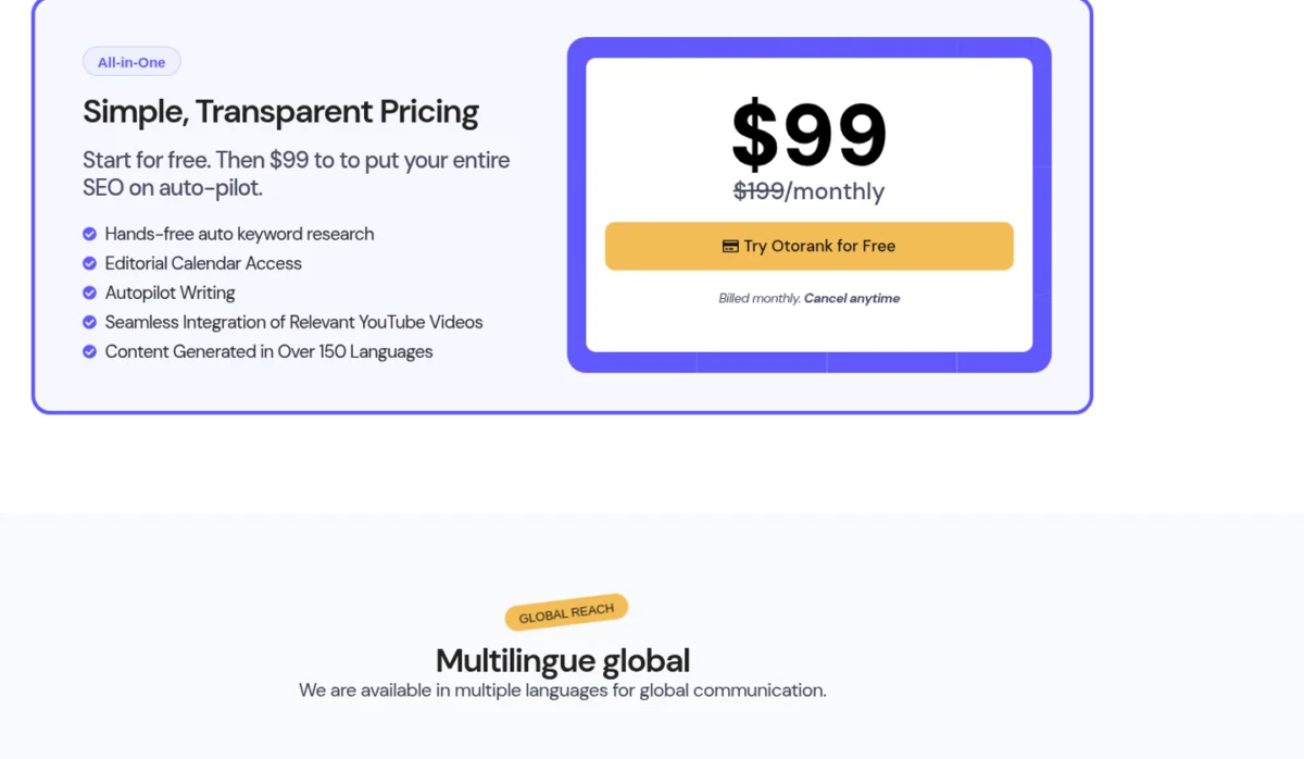 Otorank Pricing Grid - Simple, Transparent Pricing