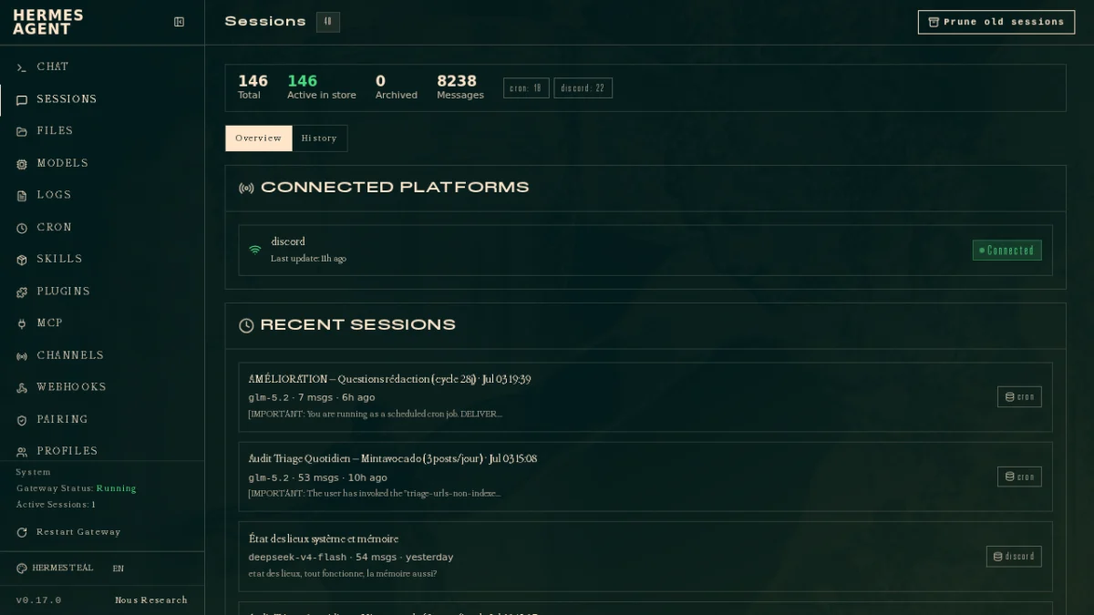 Dashboard Hermes avec la liste des sessions actives