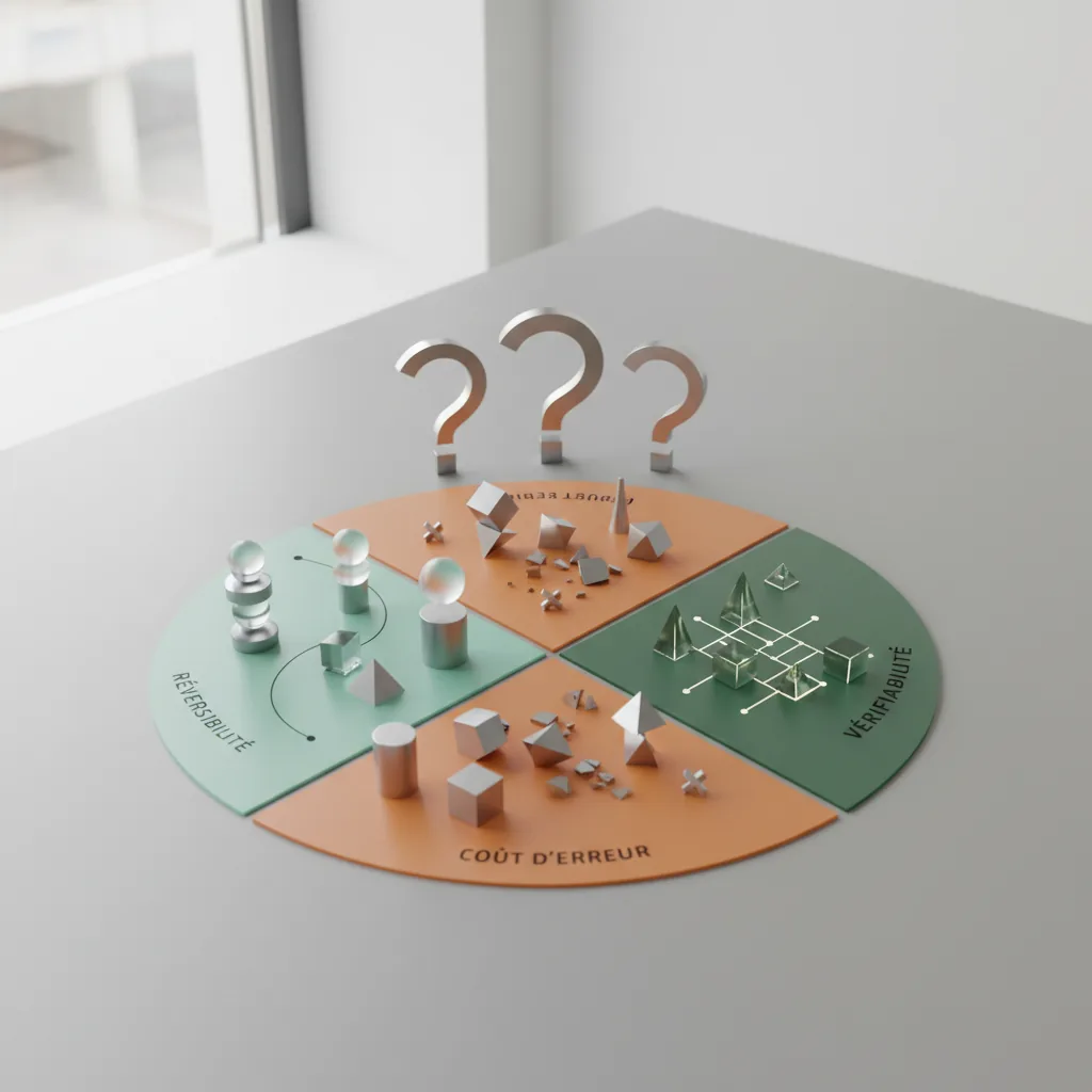 Déléguer à un agent IA : ce qui marche vraiment en 2026 1 Grille de décision en trois questions avec zones verte, orange et rouge classant les tâches selon réversibilité, coût d'erreur et vérifiabilité
