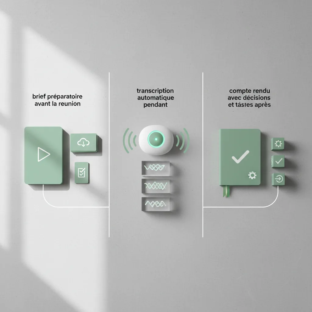 Infographie du workflow IA de réunion en trois temps : brief préparatoire avant la réunion, transcription automatique pendant, compte rendu avec décisions et tâches après